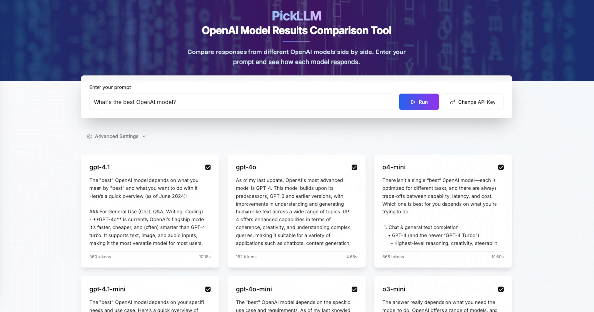 PickLLM - OpenAI Model Results Comparison Tool